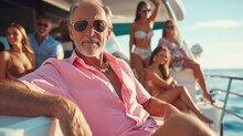 Wealthy Senior Man At Luxury Yacht Party, Oligarch Lifestyle With Glamorous Women, Billionaire Summer Cruise Vacation