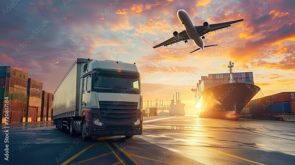 Global logistics with semi-truck, cargo ship docked at port and ...
