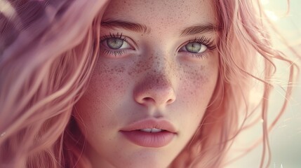 Wall Mural - Beautiful girl with a freckles face, long pink hair, and an elegant nose, taken in bright light. intense details, bright ambient lighting, sharp facial feature