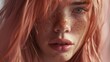Beautiful girl with a freckles face, long pink hair, and an elegant nose, taken in bright light. intense details, bright ambient lighting, sharp facial feature