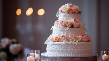 A Three Tier Wedding Cake With Pink Roses, Copy Space