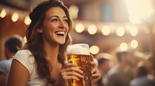 Beautiful Young Woman Drinking Beer In A Pub. Focus On The Glass Generative AI