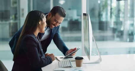 Poster - Business people, computer and high five for online results, success or achievement in human resources office. Professional man and woman with support, teamwork or training goals on digital technology