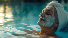 Happy Senior Woman Relaxing With A Skincare Face Mask In The Blue Lagoon Geothermal Spa Pool. AI Generated 