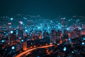 Poster - Modern wireless connection technology in smart city. Closeup dots globe with connection lines and dots over high building in business center city at night.