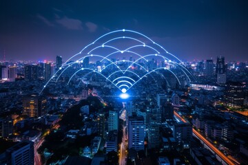 Poster - Modern wireless connection technology in smart city. Closeup dots globe with connection lines and dots over high building in business center city at night.