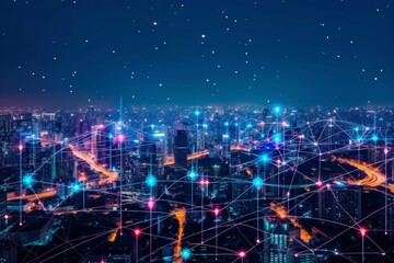 Poster - Modern wireless connection technology in smart city. Closeup dots globe with connection lines and dots over high building in business center city at night.