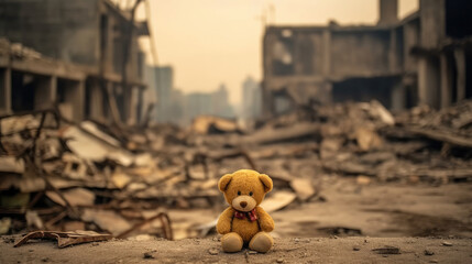 Wall Mural - A teddy bear toy over the city burned in the aftermath of war conflict