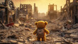 A teddy bear toy over the city burned in the aftermath of war conflict