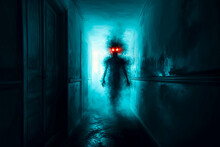 Shadow Person With Glowing Red Eyes Walking Down Hallway, Supernatural Evil Apparition