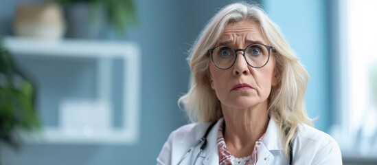 Wall Mural - Disgruntled middle-aged woman at clinic, skeptical and nervous, frowning due to problem.