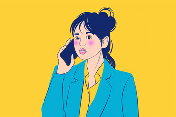 Wall Mural - female is talking on a phone while wearing the blue suit