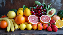 A Colorful Variety Of Fruits, Including Bananas, Cherries, And Citrus, Artfully Arranged On A Rustic Wooden Backdrop, Showcasing Freshness And Natural Diversity