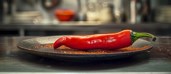 Wall Mural - Spicy Red Pepper: One Sizzling Slice in a Vibrant Cafe Kitchen