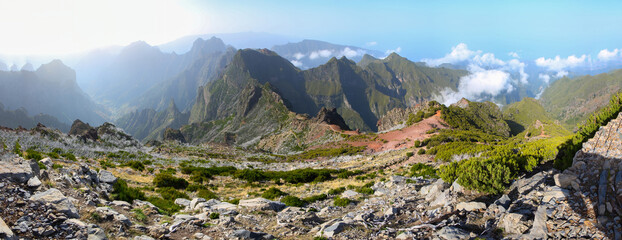 Panoramic view of the mountains visible from the summit of the Pico Ruivo, the highest mountain peak on Madeira island, Portugal - Heathland on dry slopes in the Atlantic Ocean