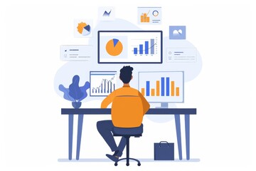 Poster - A stylish man sits at his desk, intently examining a digital design of clothing and footwear, surrounded by text and furniture, lost in the art of illustration