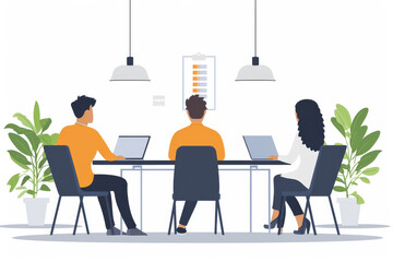 Poster - A group of individuals gather around a sleek table, their laptops open and ready for collaboration as they work on designing clothing and furniture illustrations