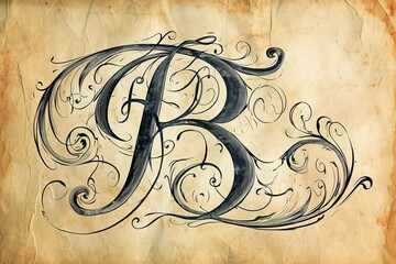 Poster - An intricate ink sketch of a black letter adorned with elegant swirls, evoking a sense of depth and mystery within the world of art and drawing