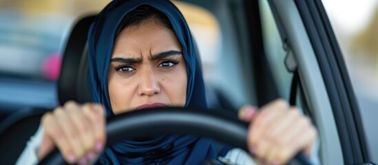 Wall Mural - Anxious Middle Eastern woman frowning while holding steering wheel, feeling skeptical and frustrated due to an issue - negative.