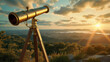 brass telescope on a wooden tripod, overlooking a scenic landscape with rolling hills and a distant ocean under a sunset sky