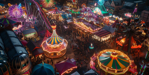Wall Mural - fairgrounds filled with colorful tents, roller coasters, and merry-go-rounds, lively crowds, vibrant