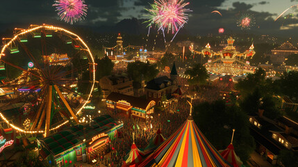 Wall Mural - fairgrounds filled with colorful tents, roller coasters, and merry-go-rounds, lively crowds, vibrant fireworks in the sky