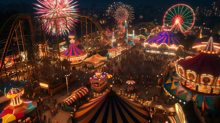Wall Mural - fairgrounds filled with colorful tents, roller coasters, and merry-go-rounds, lively crowds, vibrant