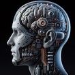 Android robot man head with human brain illustration