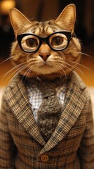 Sticker - A cat wearing a suit and tie with glasses on, AI