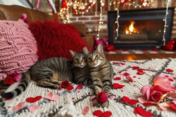 Wall Mural - A couple of happy kittens cats together in a cozy room. Kittens loving each other. Adorable cat hugs for Valentine's Day. pragma