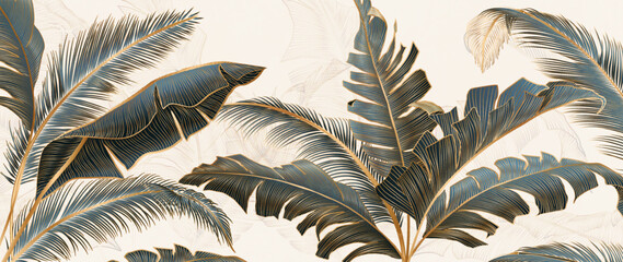 Wall Mural - luxury abstract art background with tropical palm leaves with golden hand drawn line elements. vecto