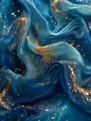 a blue background with gold glitter, flowing fabrics.