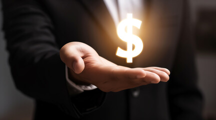 Close-up of a business man hand holding a dollar sign light on white background