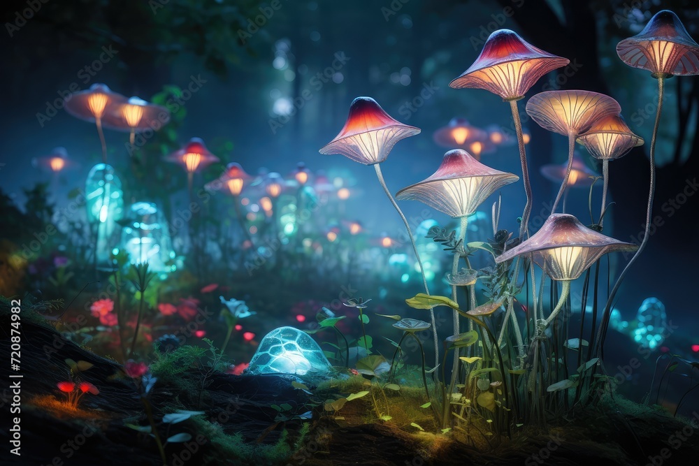 Fantasy mushrooms in a magical forest at night. Magical mushroom in ...