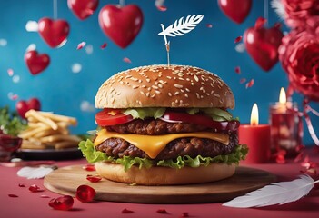 Wall Mural -  poster background pierces arrow flying burger ingredients flying food burger love Cupid's Blue sauce feathers Delicious the