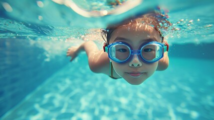 Asian child backstroking in the deep pool.Active kid swimming during competition. Sports activity. Girl wearing goggles in blue water.Fun leisure activity