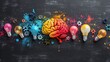 Creative Brain with Gears and Light Bulbs in B&W

