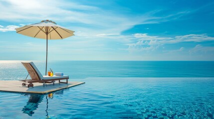 Wall Mural - Beautiful landscape of sea ocean on sky with umbrella and chair around luxury outdoor swimming pool in hotel resort for leisure travel and vacation