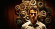 Young handsome man with cogwheels and gears on background. Business concept