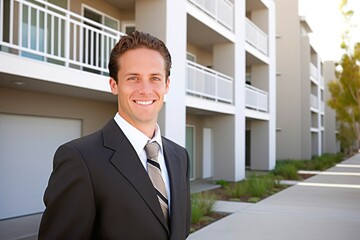 Wall Mural - Portrait of a smiling businessman standing in front of his new house