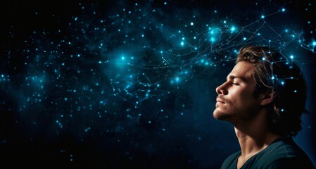 Young man and network connection concept on dark background. 3d rendering