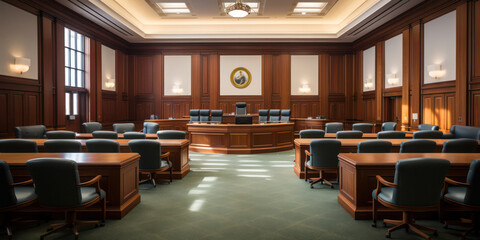 Wall Mural - Modern Government Courthouse Interior: Empty Law Chamber with Wood-Design Chairs