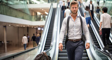 Handsome Young Businessman On An Escalator In A Shopping Center