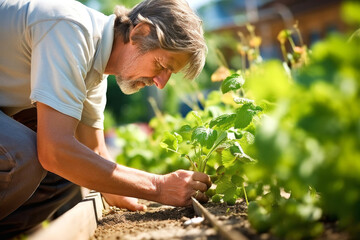 Senior man working in the garden on a sunny day (shallow DOF; color toned image)