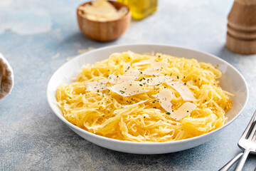 Wall Mural - Spaghetti squash roasted and pulled apart served with olive oil and parmesan