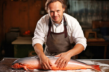 Portrait of a smiling man preparing fresh salmon in a fish shop