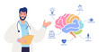 Human brain study flat vector illustration. Neurologist describe human brain anatomy functions with color coded.
