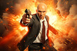 Angry businessman with a gun in his hand in front of a fiery background