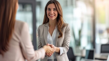 Happy mid aged business woman manager handshaking greeting client in office. Smiling female executive making successful deal with partner shaking hand at work standing at meeting table.