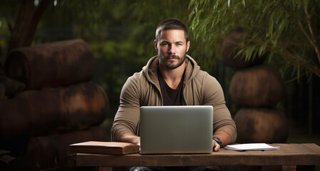 Wall Mural - Portrait of a handsome young man working on a laptop while sitting at a table in a garden